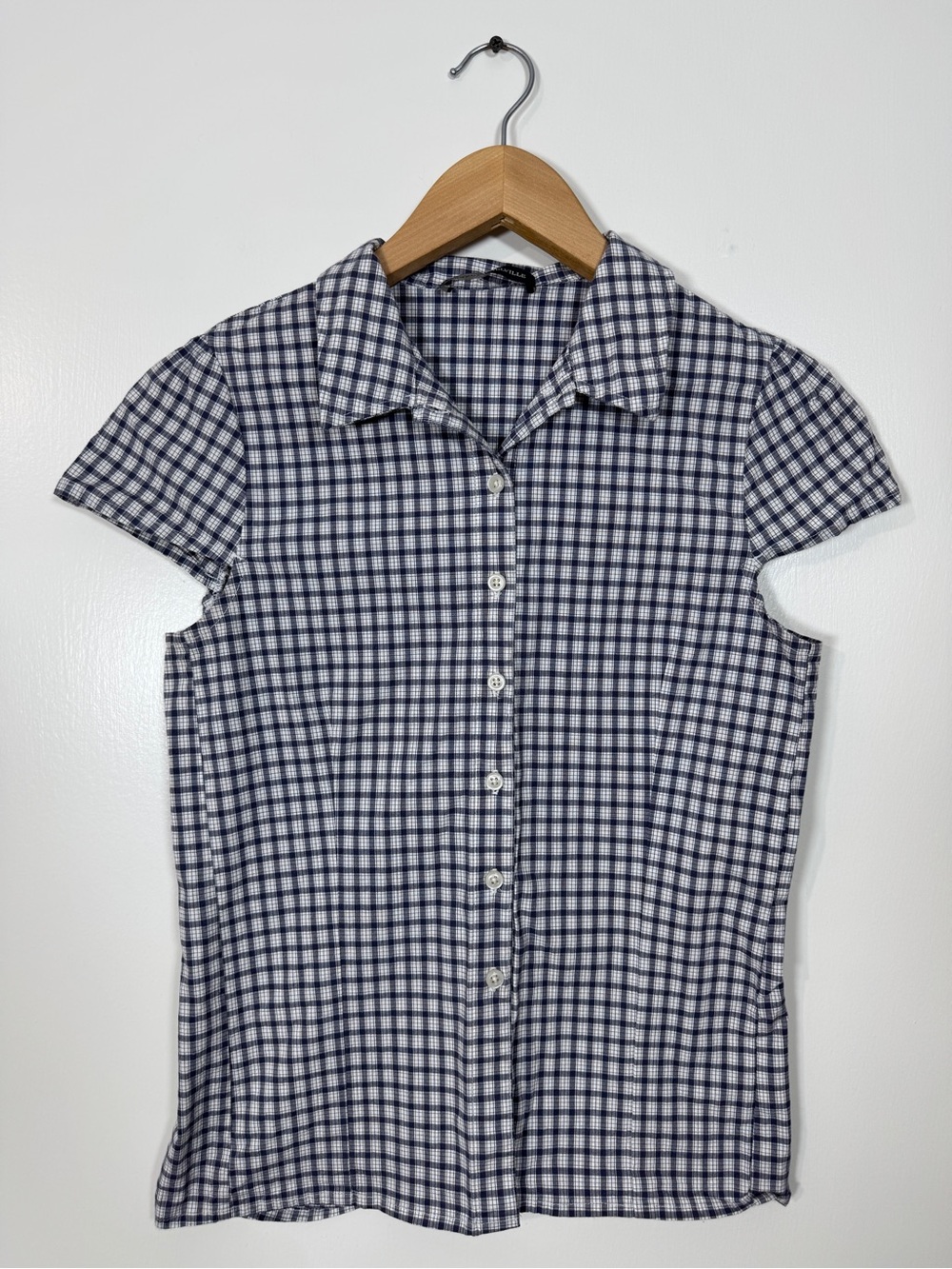 WSH22 {Brandy Melville} Blue White Plaid Button Down Fitted Shirt